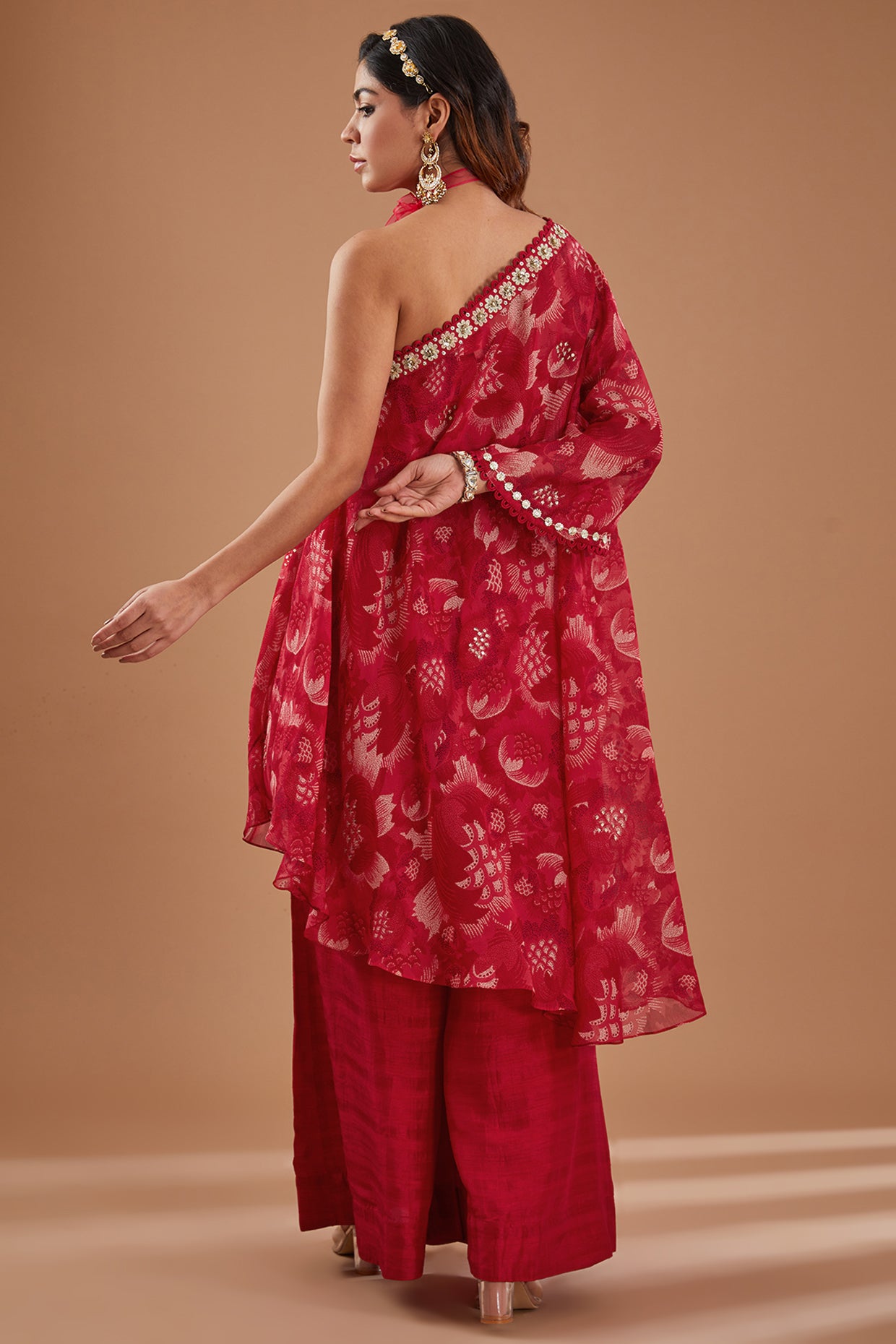 Cherry Printed Organza One Shoulder Kaftan Set