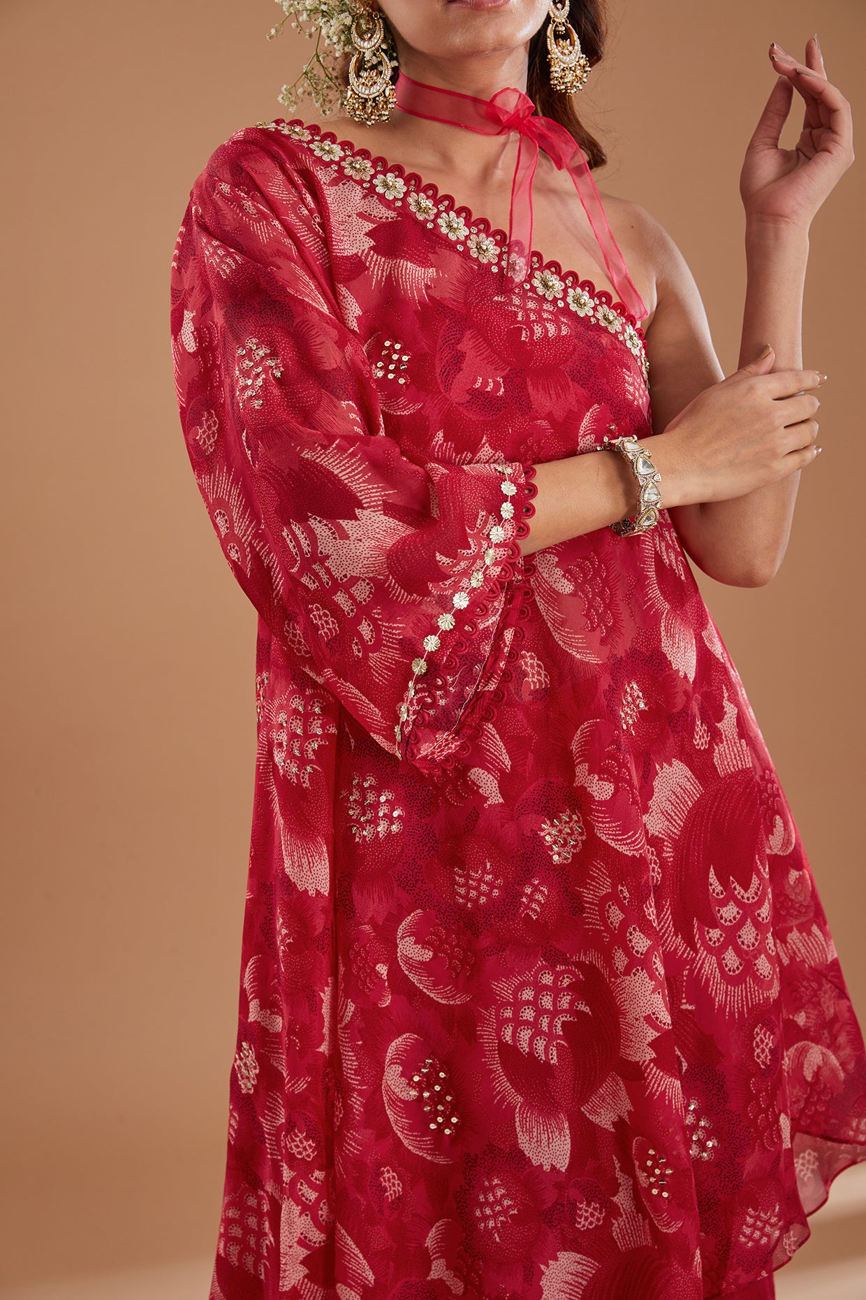 Cherry Printed Organza One Shoulder Kaftan Set