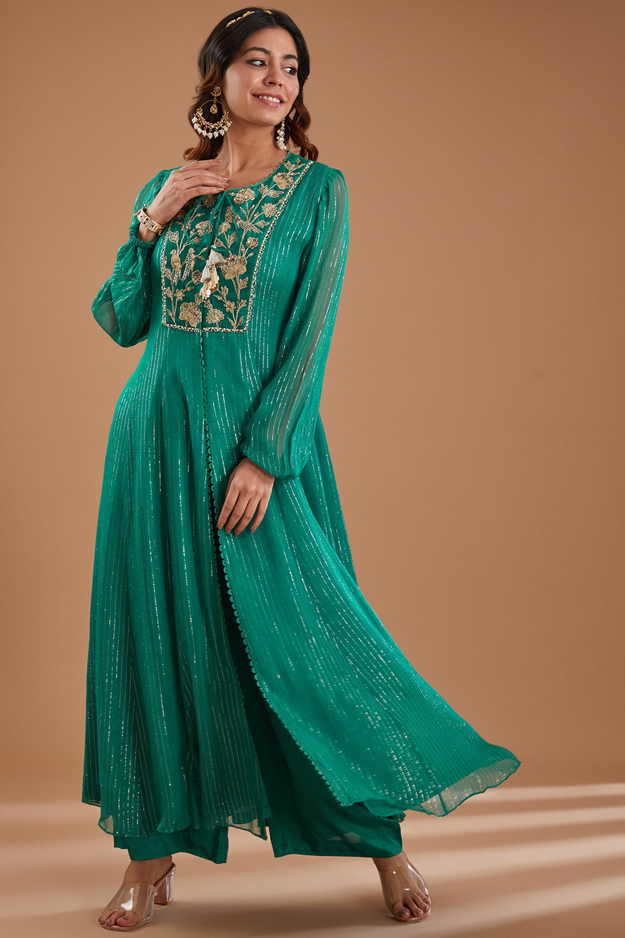 Green Georgette Embroidered Flared Kurta Set