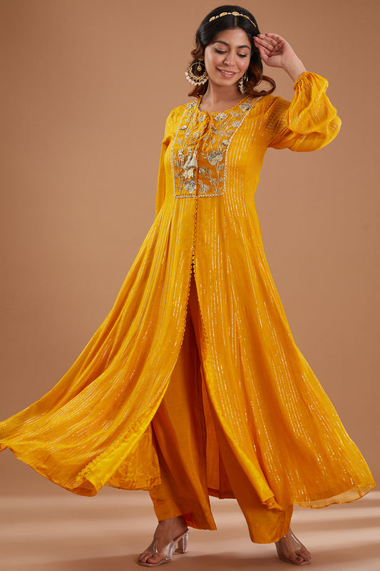 Mustard Georgette Embroidered Flared Kurta Set