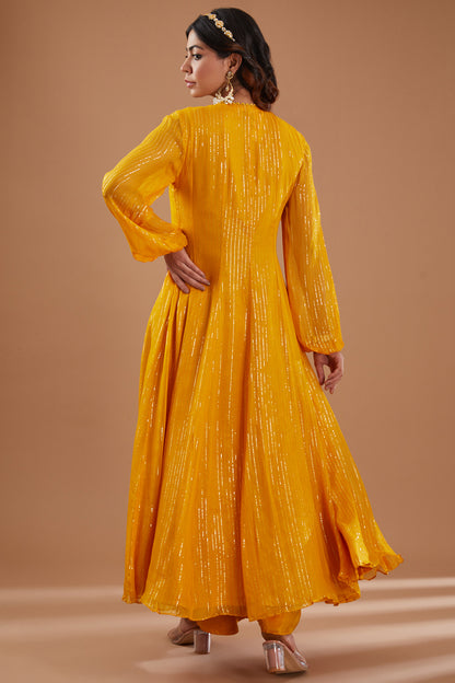 Mustard Georgette Embroidered Flared Kurta Set