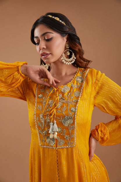 Mustard Georgette Embroidered Flared Kurta Set