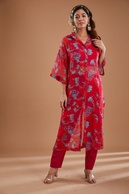 Hot Pink Organza Printed Tunic Shirt Set