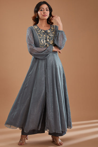 Powder Grey Georgette Embroidered Flared Kurta Set