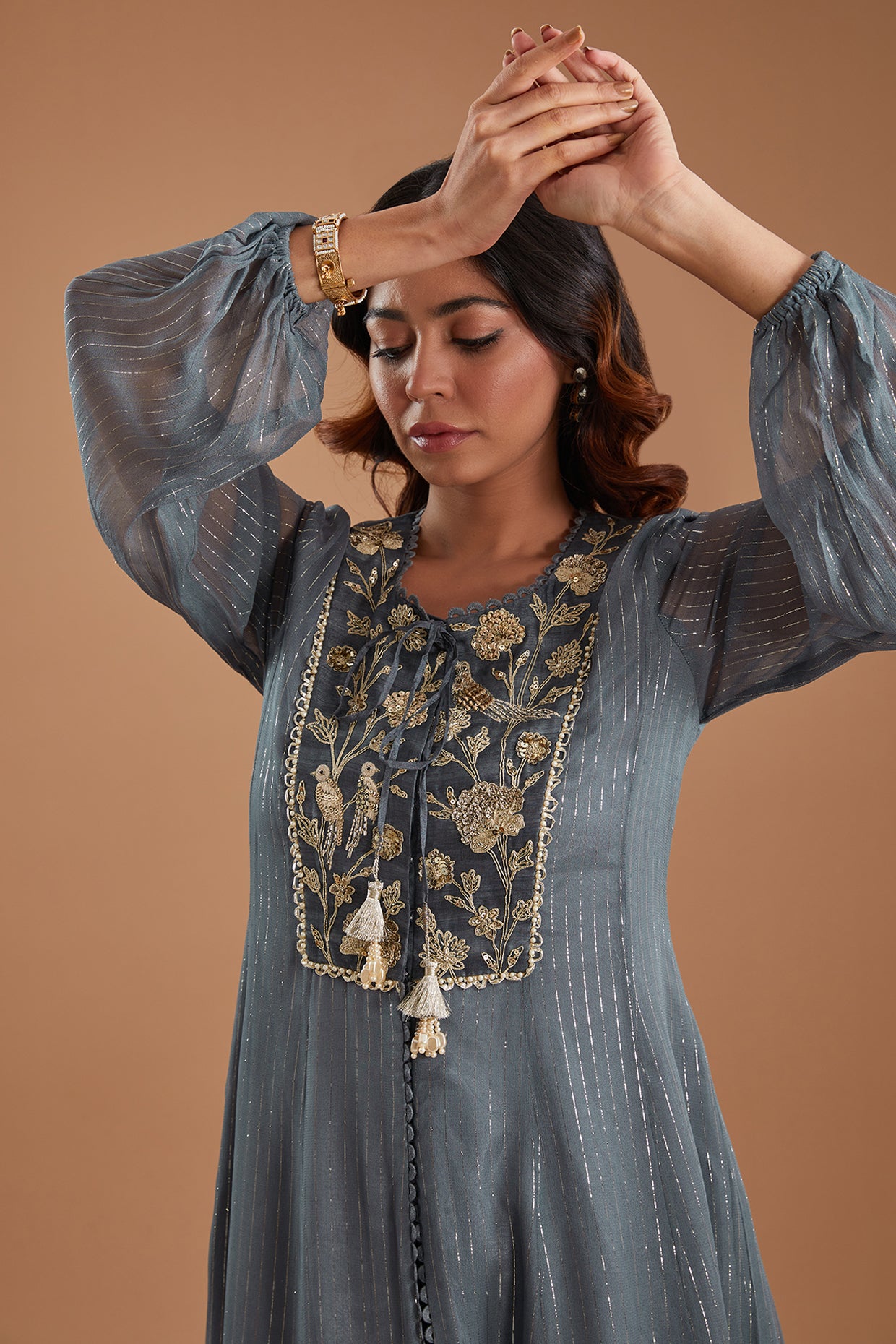 Powder Grey Georgette Embroidered Flared Kurta Set