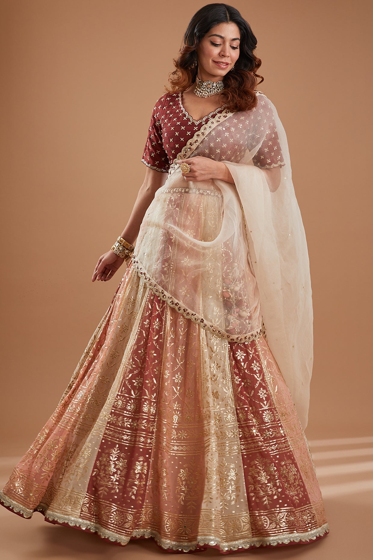 Ecru Multicolor Embroidered Flared Lehenga Set