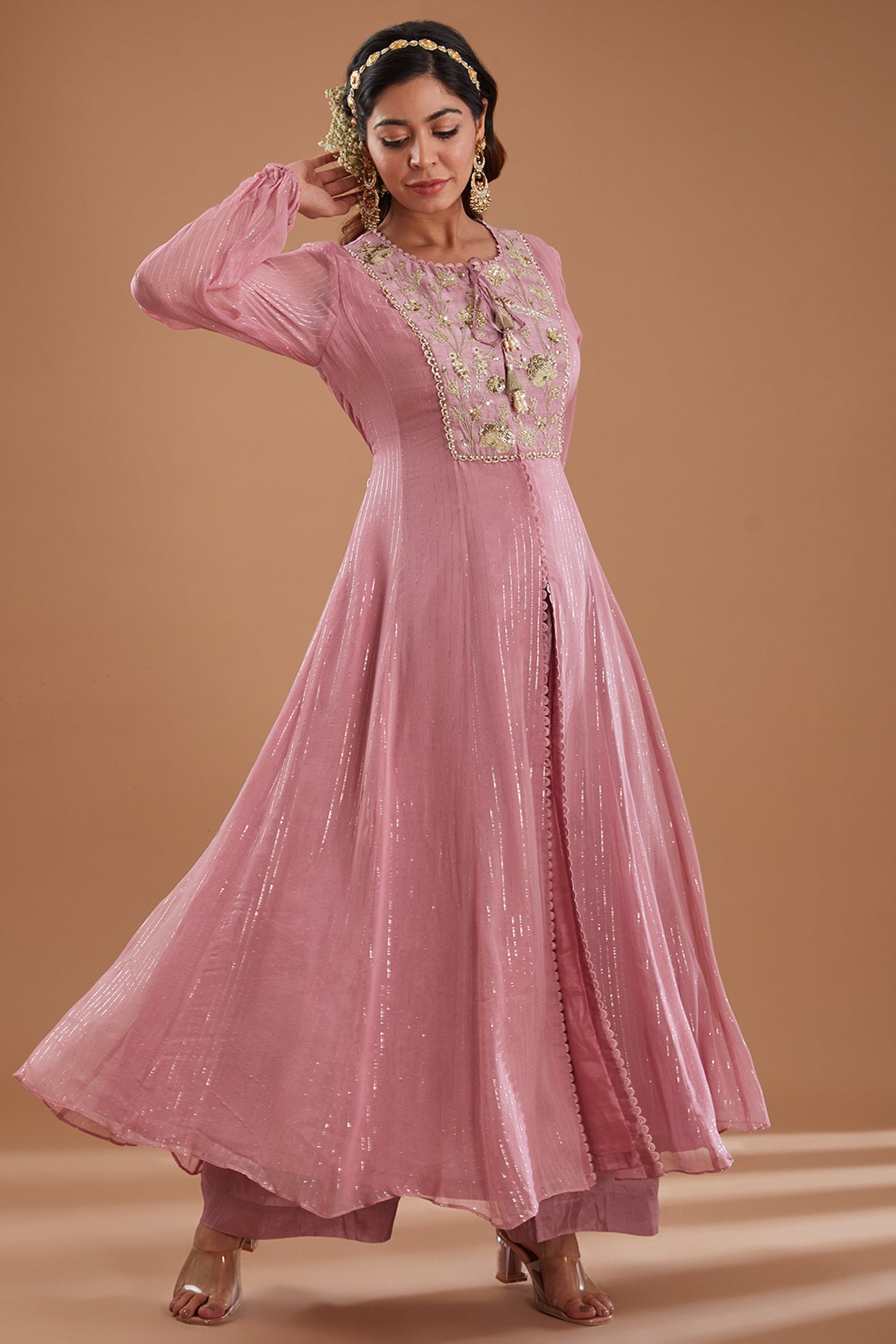 Lilac Georgette Embroidered Flared Kurta Set