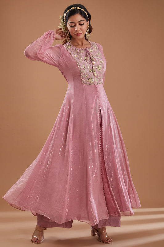 Lilac Georgette Embroidered Flared Kurta Set