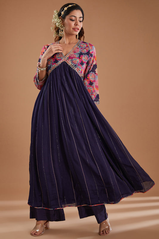 Indigo Printed & Embroidered Anarkali Set