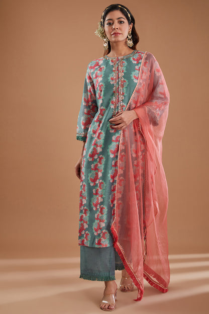 Teal Chanderi Printed Straight Kurta Set