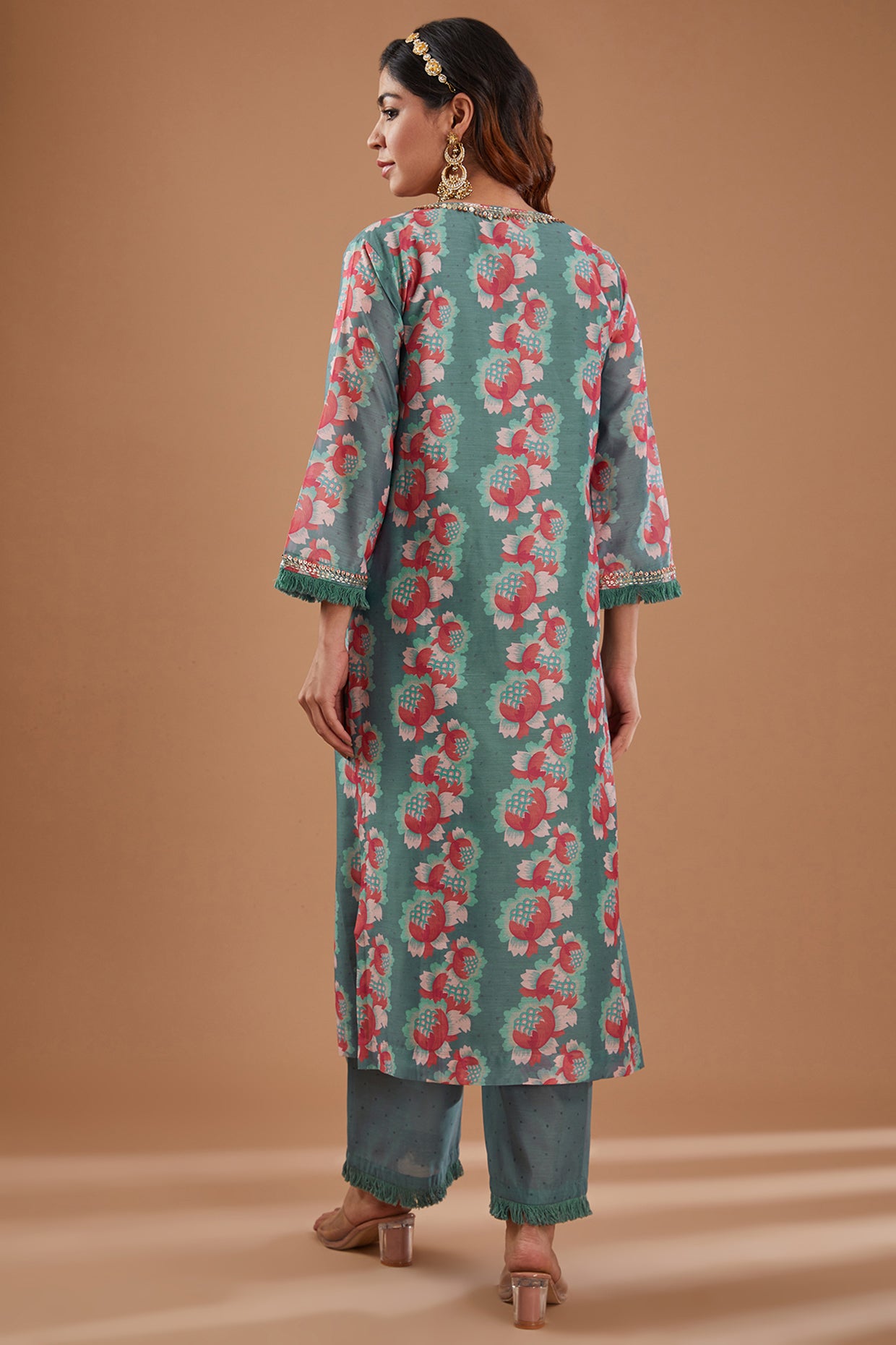 Teal Chanderi Printed Straight Kurta Set