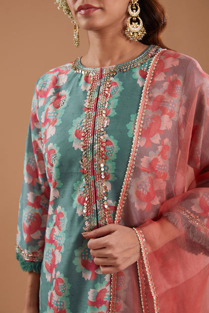 Teal Chanderi Printed Straight Kurta Set