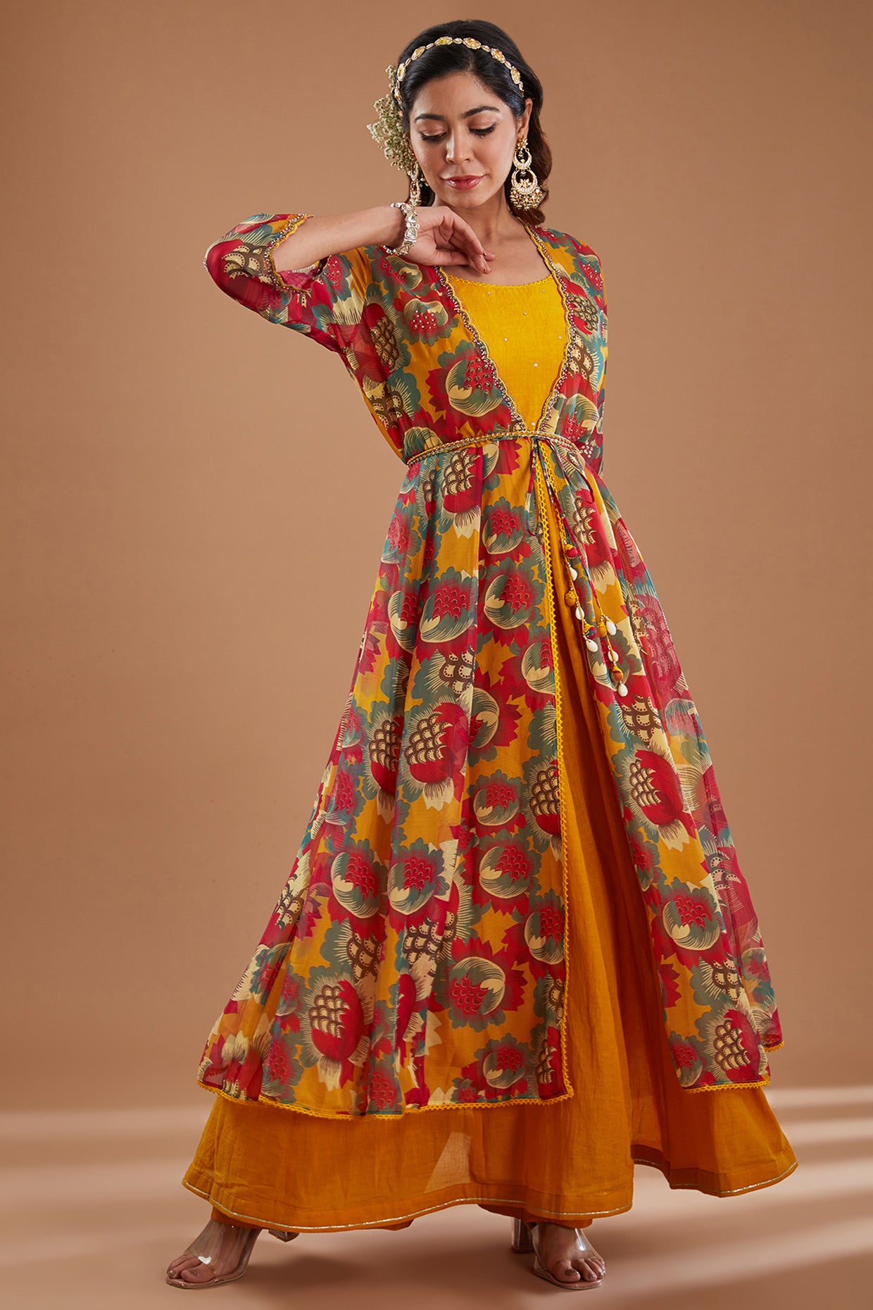 Mustard Organza Printed Jacket Anarkali Set