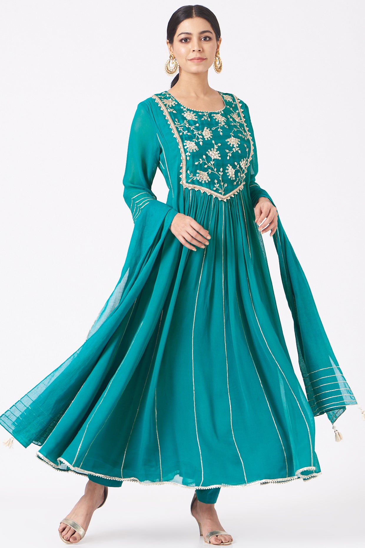 Turquoise Cotton Crinkled Anarkali Set