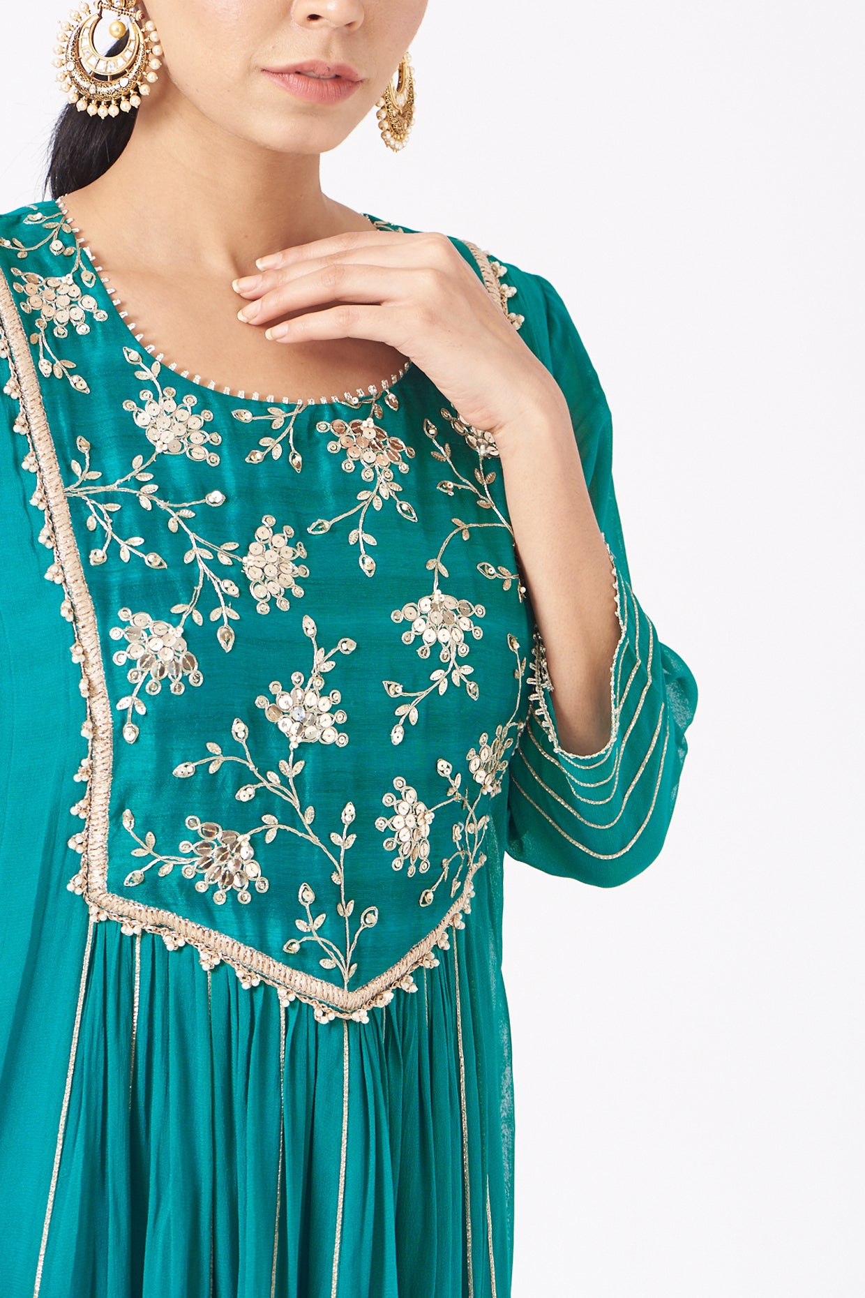 Turquoise Cotton Crinkled Anarkali Set