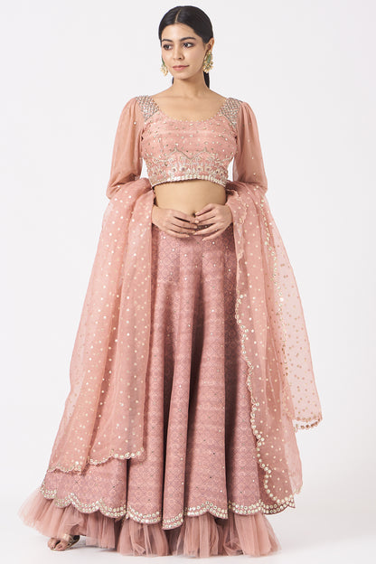 Old Rose Silk Embroidered Lehenga Set