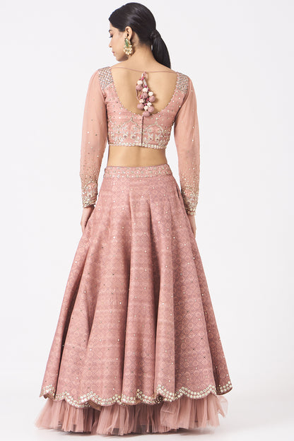 Old Rose Silk Embroidered Lehenga Set