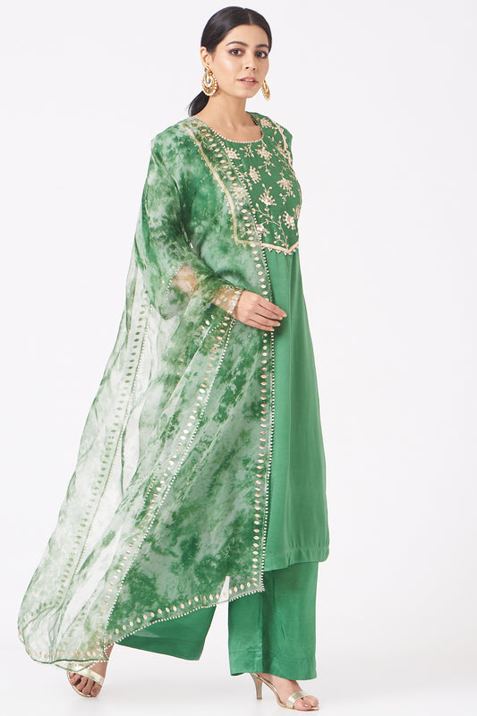 Green Satin Georgette Embroidered Straight Kurta Set