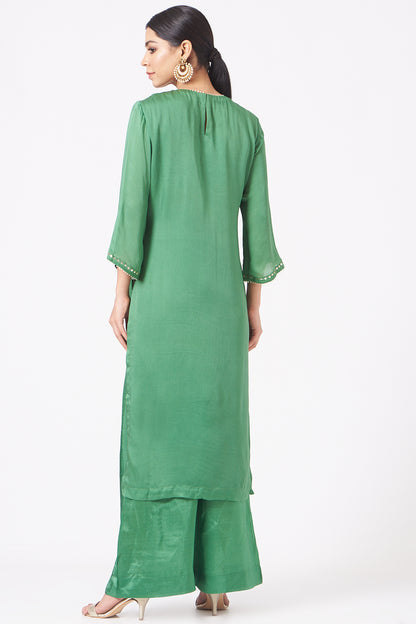 Green Satin Georgette Embroidered Straight Kurta Set