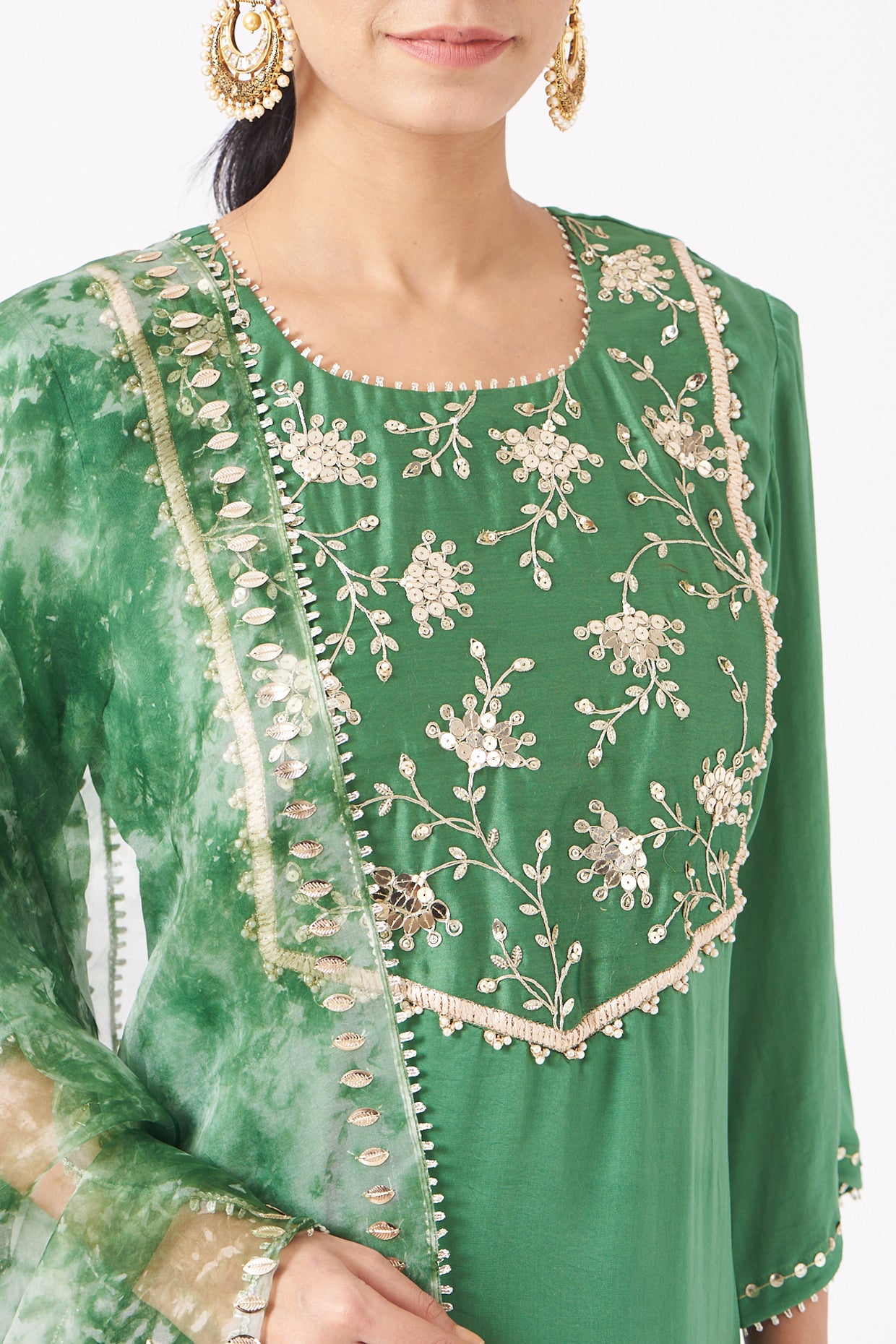 Green Satin Georgette Embroidered Straight Kurta Set