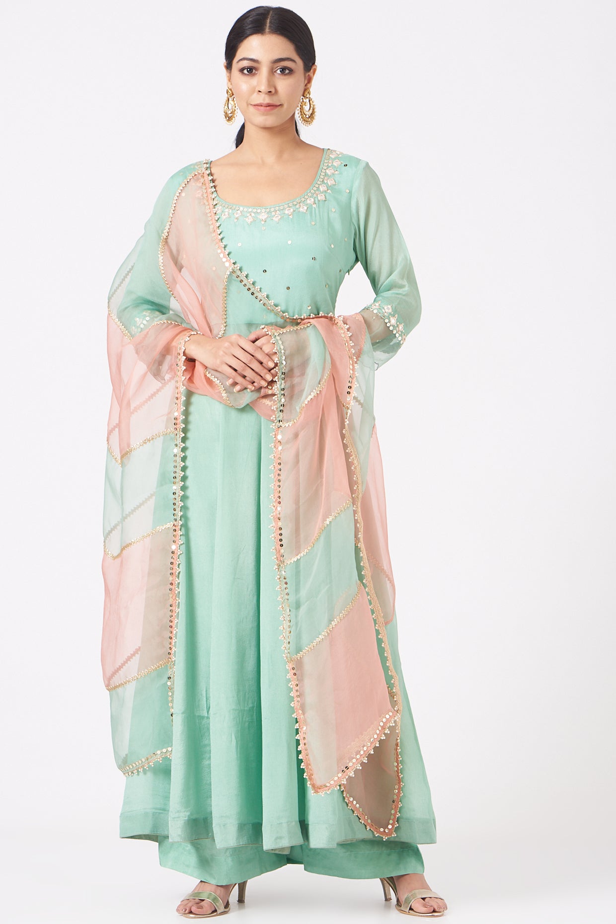 Aqua Chiffon Mirror Work Anarkali Set