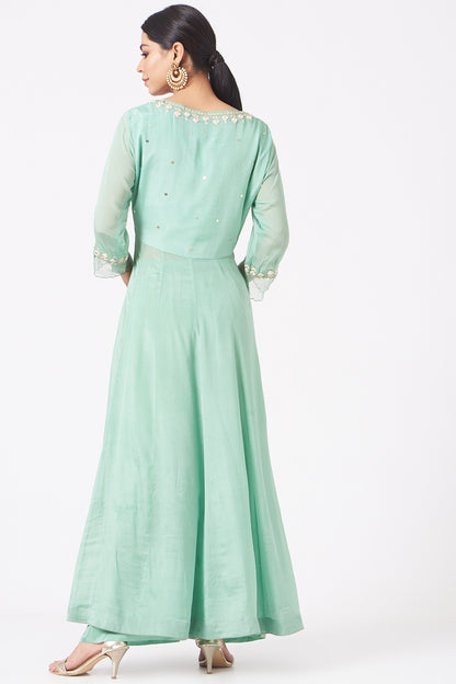 Aqua Chiffon Mirror Work Anarkali Set