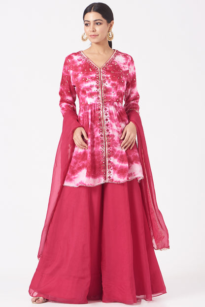 Hot Pink Mirror Work Peplum Sharara Set