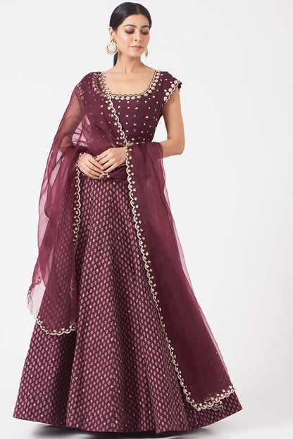 Plum Silk Printed & Embroidered Lehenga Set