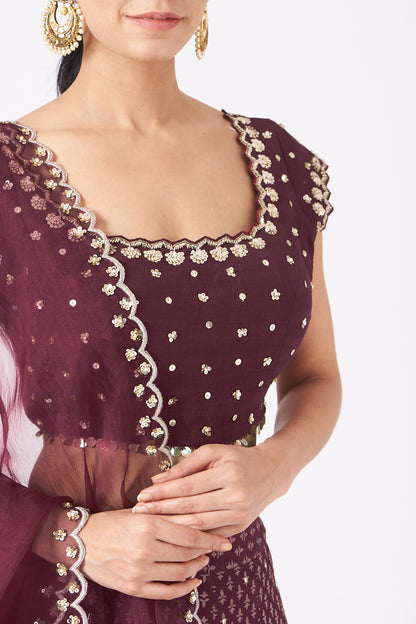 Plum Silk Printed & Embroidered Lehenga Set