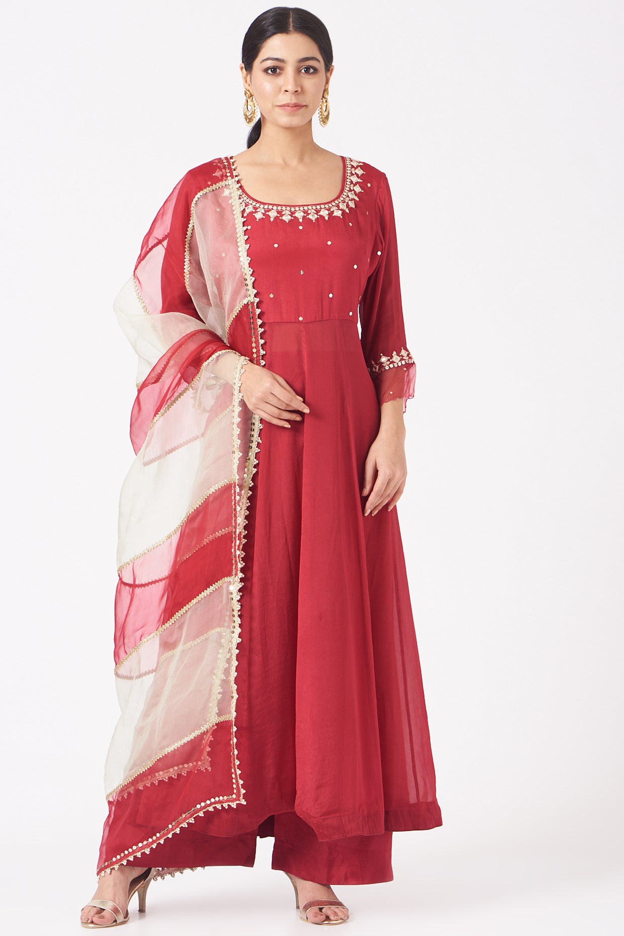 Cherry Red Chiffon Mirror Work Anarkali Set