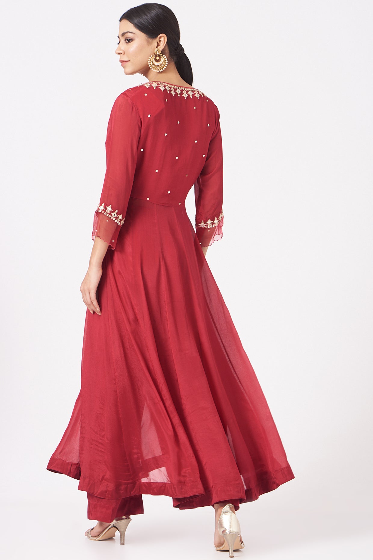 Cherry Red Chiffon Mirror Work Anarkali Set