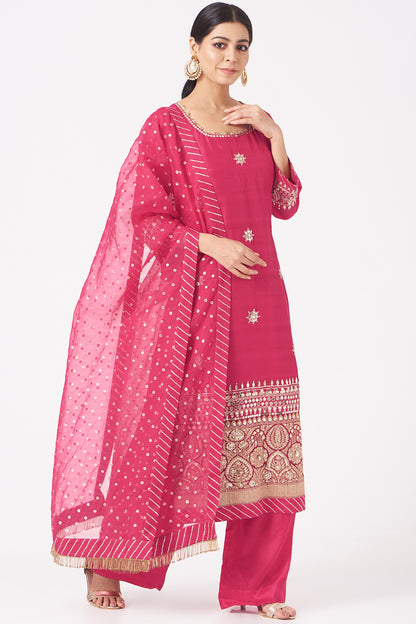 Hot Pink Silk Embroidered Straight Kurta Set