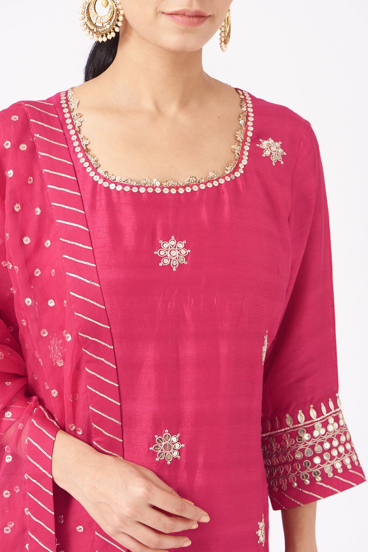 Hot Pink Silk Embroidered Straight Kurta Set