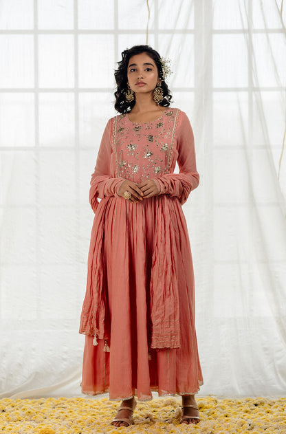 Rose Pink Cotton Crinkled Anarkali Set