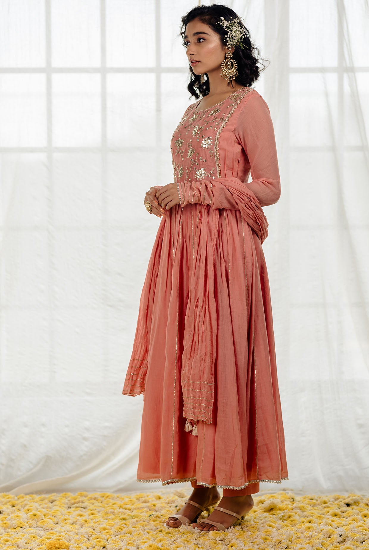 Rose Pink Cotton Crinkled Anarkali Set