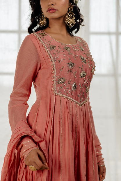 Rose Pink Cotton Crinkled Anarkali Set