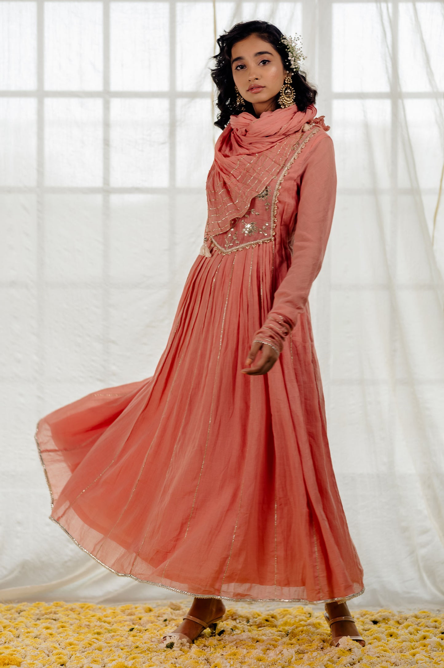 Rose Pink Cotton Crinkled Anarkali Set