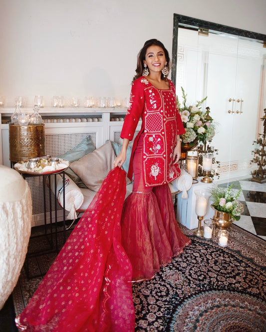 Masoom Minawala In Cherry Red Embroidered Gharara Set