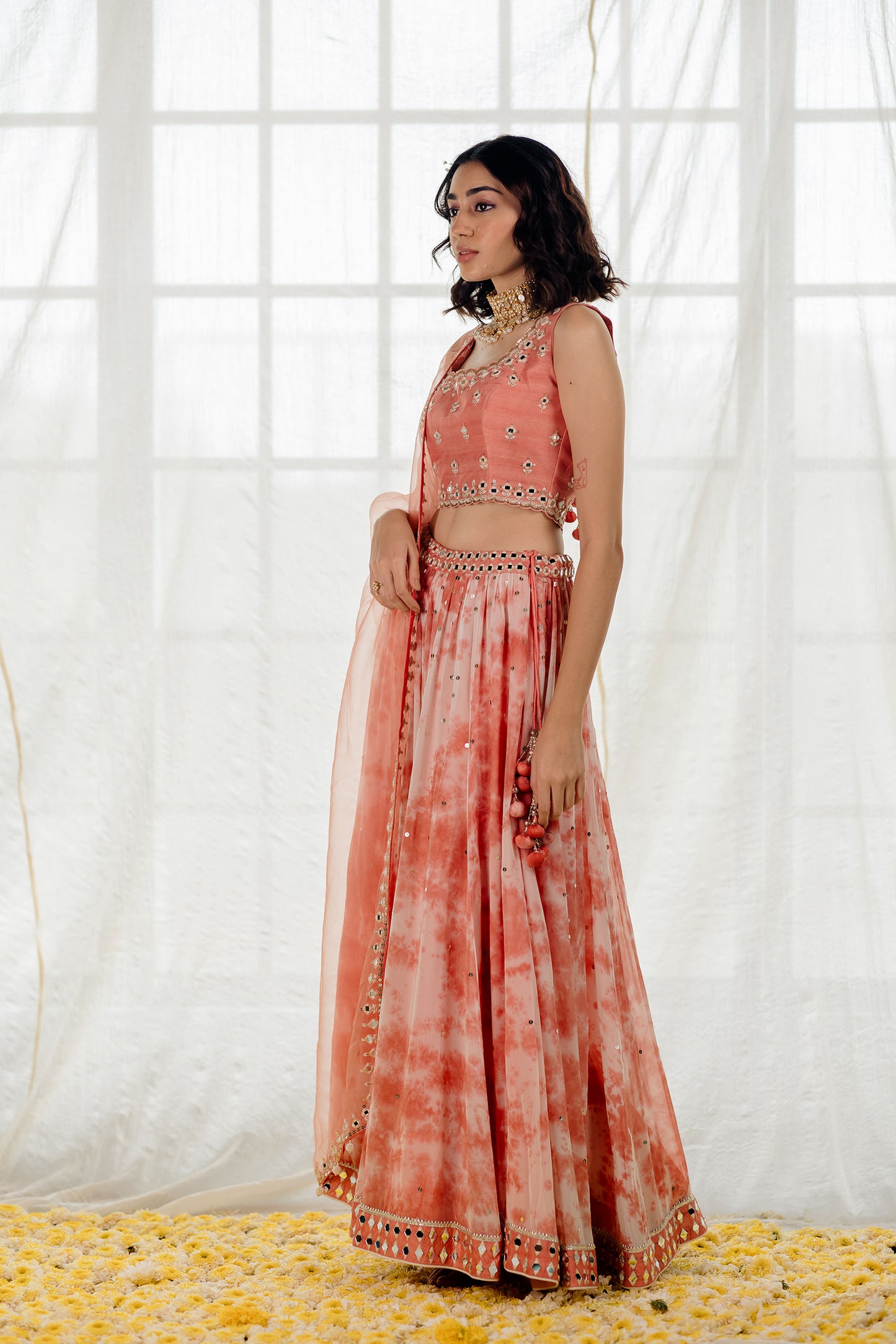 Rose Pink Tie-Dye Mirror-Work Lehenga Set