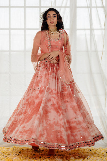 Rose Pink Tie-Dye Mirror-Work Lehenga Set