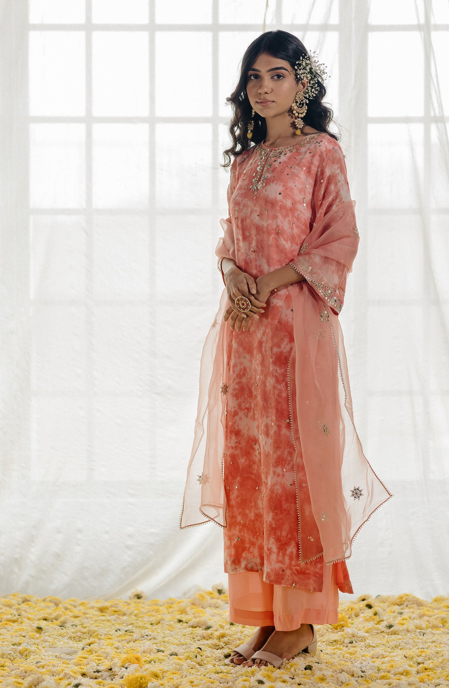 Rose Pink Georgette Tie-Dye Straight Kurta Set