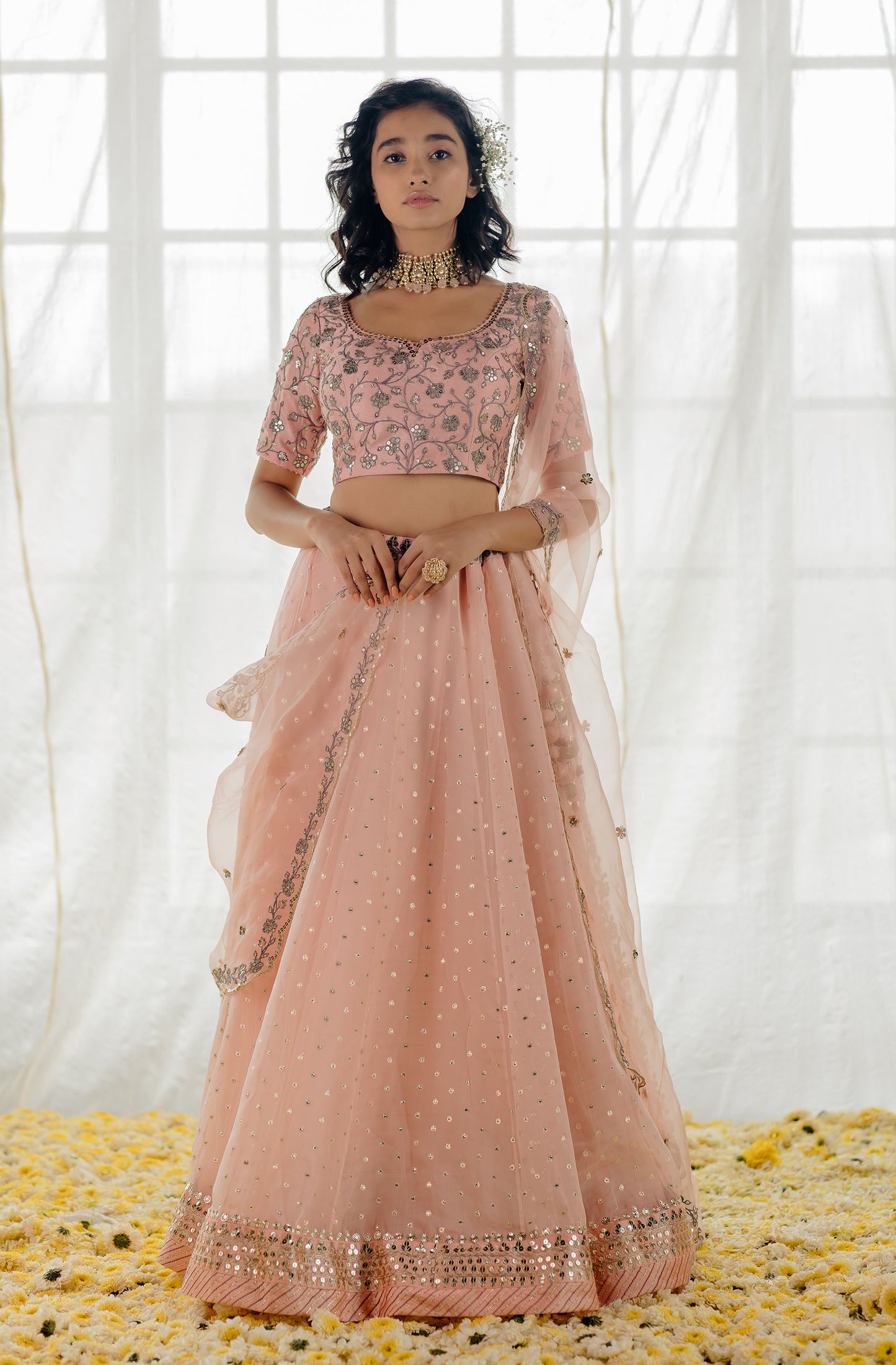 Powder Pink Embroidered Organza Lehenga Set