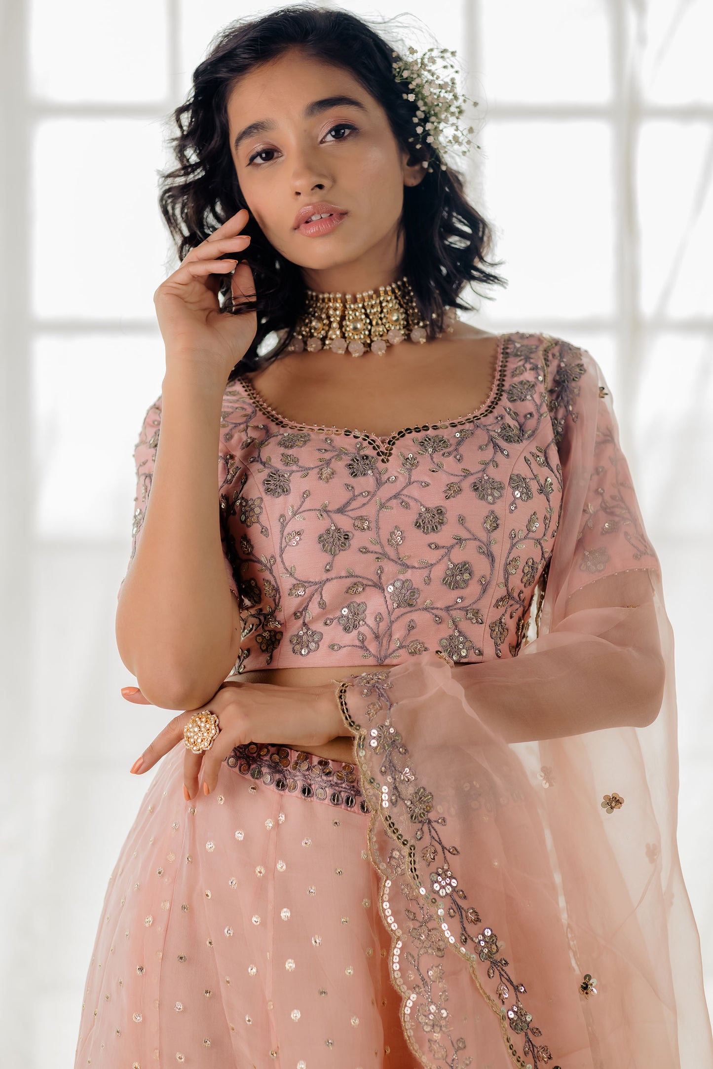 Powder Pink Embroidered Organza Lehenga Set