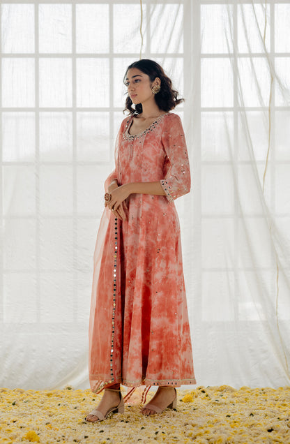 Rose Pink Georgette Mirror-Work Anarkali Set