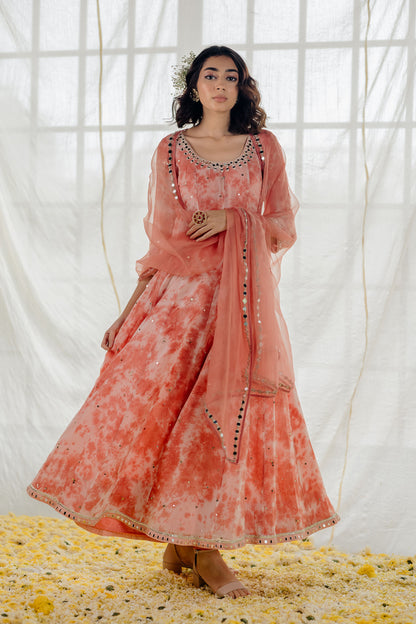 Rose Pink Georgette Mirror-Work Anarkali Set