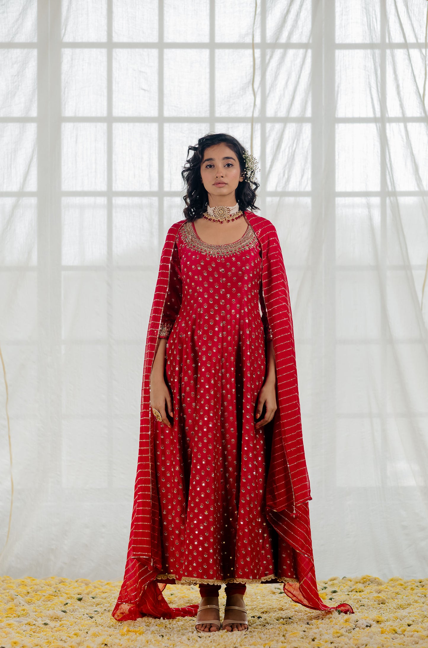 Cherry Red Printed And Embroidered Anarkali Set