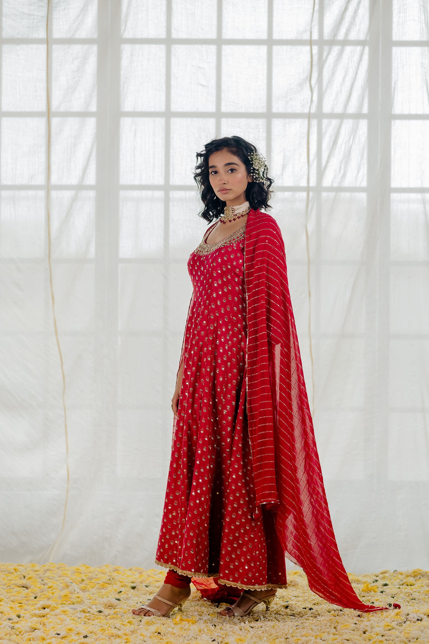 Cherry Red Printed And Embroidered Anarkali Set