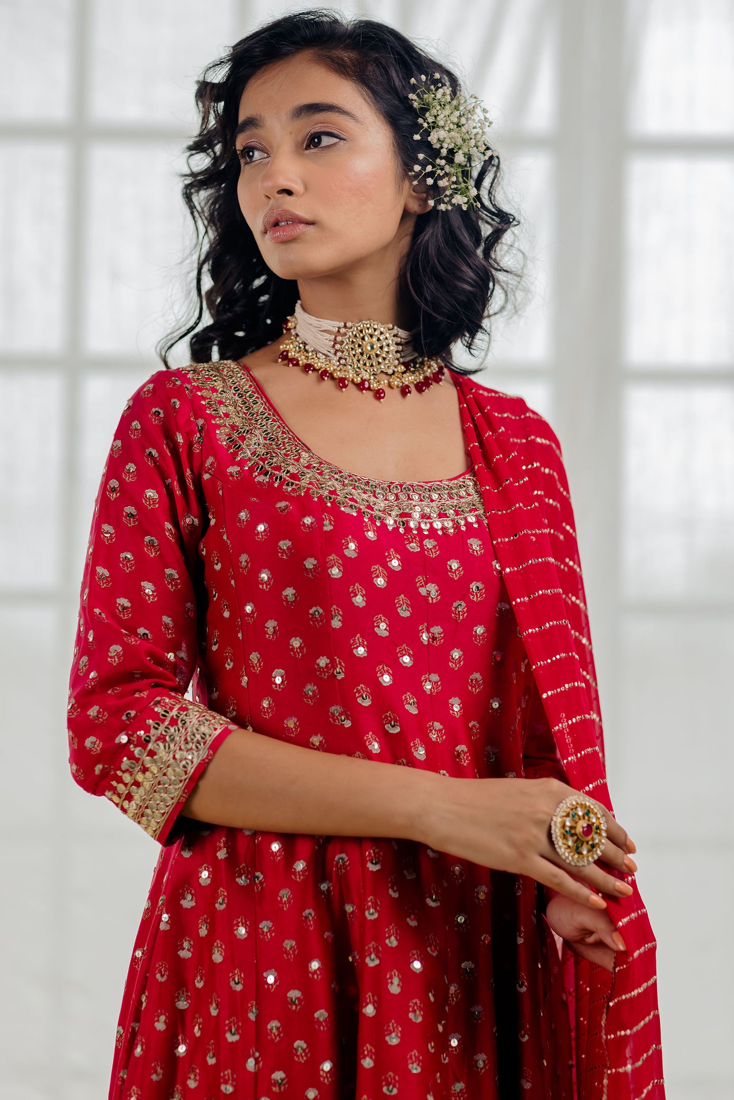 Cherry Red Printed And Embroidered Anarkali Set