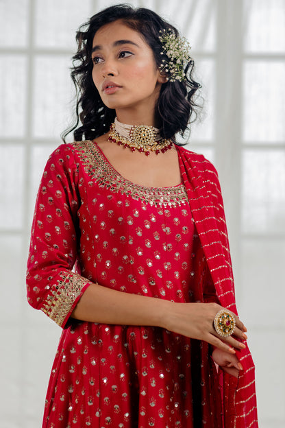 Cherry Red Printed And Embroidered Anarkali Set