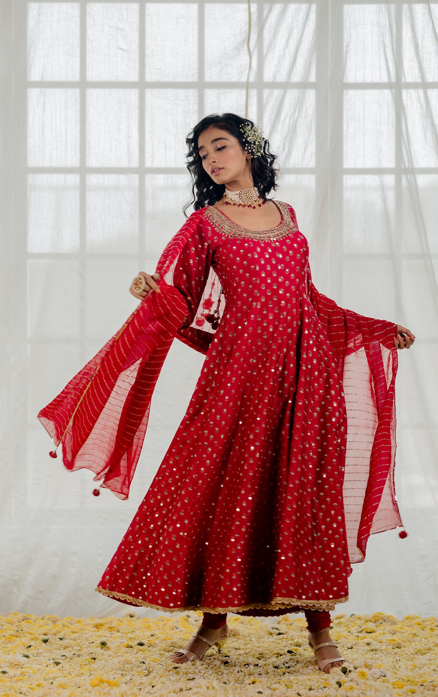 Cherry Red Printed And Embroidered Anarkali Set